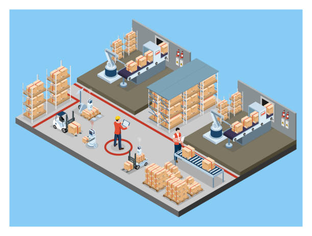 3D isometric automated warehouse robots and Smart warehouse technology Concept with Warehouse Automation System and Robot Transportation operation service. Vector illustration EPS 10 3D isometric automated warehouse robots and Smart warehouse technology Concept with Warehouse Automation System and Robot Transportation operation service. Vector illustration EPS 10 isometric factory stock illustrations