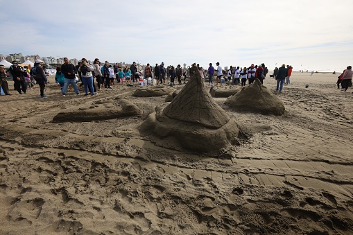 10-15-2022:San Francisco, California: SandKastle tournament in San Francisco. People making sand scultpures in teams