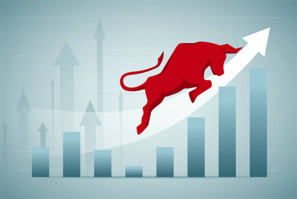 StockMarket, Bull market StockMarket, Concept of stock market exchange or financial technology, bull and bear with futuristic element quotes about winning stock illustrations