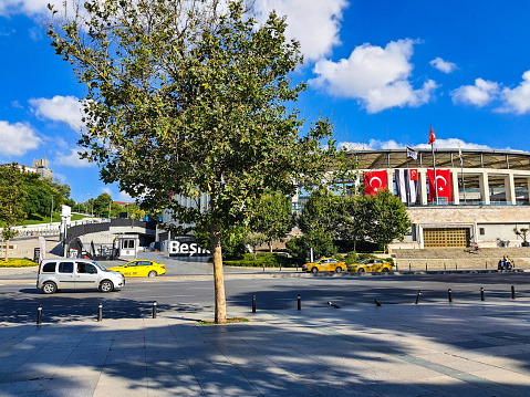 Turkey on July 2022. Traffic around the road in front of Vodafone Park. Vodafone park is a multi-purpose stadium which is home to Besiktas JK. The stadium was built on the site of the former home of Besiktas, the BJK Inonu Stadium.