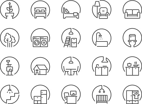 Room icon set. The icons included bedroom, bathroom, living room, toilet, kitchen, and more.