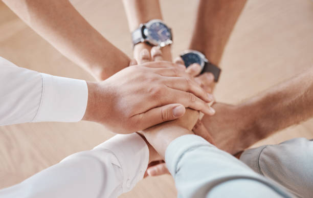 istock Business people, hands and team building motivation in support, trust and collaboration circle in office. Zoom on diversity men, planning women or global company meeting with goal and innovation idea 1441303675