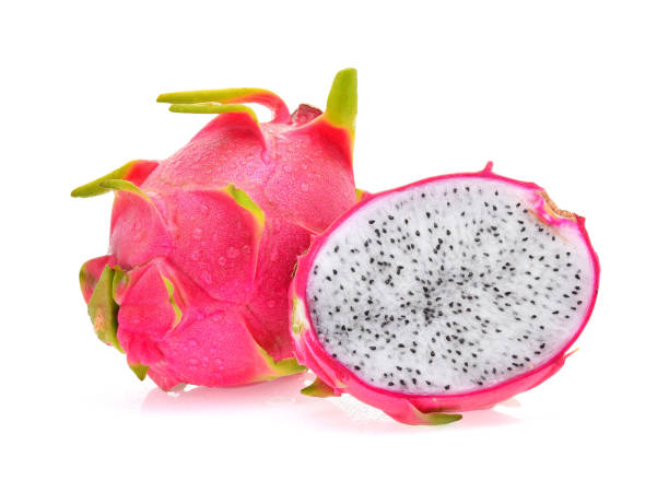 istock dragon fruit with drops of water on white background. 1441305750