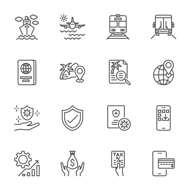 ilustraciones, imágenes clip art, dibujos animados e iconos de stock de iconos de línea de viaje para facilitar el concepto de viaje. conjunto simple de iconos de línea fina, diseño de icono vectorial - insurance symbol computer icon travel