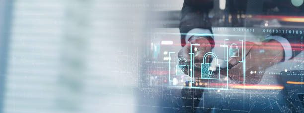istock Cyber security network. Businessman using laptop and tablet with digital padlock for personal data protection on internet technology networking and social network, computer antivirus software update 1441306616