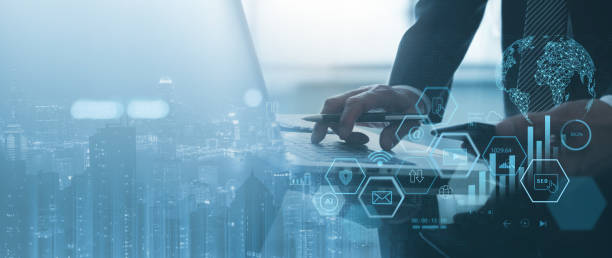 istock Digital marketing, online business, Businessman using laptop computer analyzing sale data graph growth on global network and social media marketing icon, business strategy and solution, IoT Internet of Things 1441307467