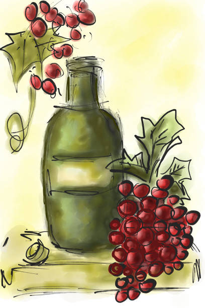 butelka wina i winogron - parsley food green backgrounds stock illustrations