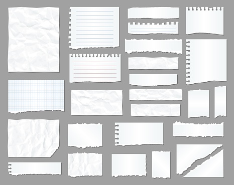 White torn paper, rip paper pieces. To do list notebook crumpled realistic vector sheet, message banner on office paper stripe with wrinkles, business schedule or notepad reminder, scrapbook sticker
