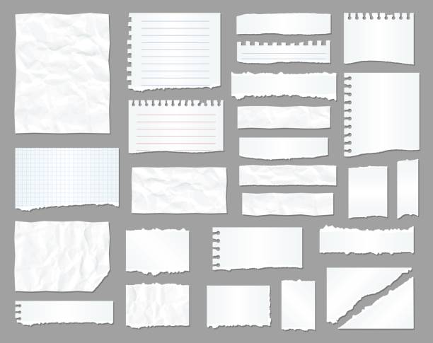 White torn paper, rip paper pieces, crumpled sheet White torn paper, rip paper pieces. To do list notebook crumpled realistic vector sheet, message banner on office paper stripe with wrinkles, business schedule or notepad reminder, scrapbook sticker paper stock illustrations
