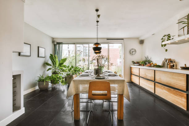 istock The interior of the dining area, with a tablecloth on the table 1441312892
