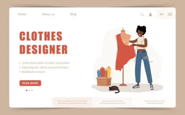 Vector illustration of Clothes designer landing page or web banner template. African woman seamstress at mannequin takes measurements. Dressmaker or tailor. Vector illustration in flat cartoon style