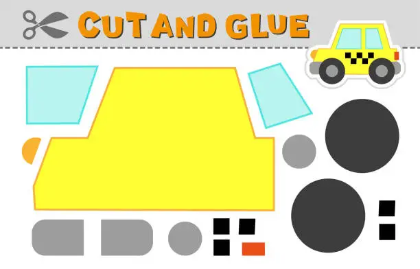 Vector illustration of Cut and glue yellow taxi. Vector illustration of school bus. Paper game for children activity and education