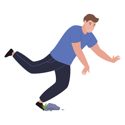 Falling down man tripped on stone vector flat illustration. Male tripping crash hitting leg outdoor pain risk crisis. Dangerous attention moving injury accident beware careful fail caution character