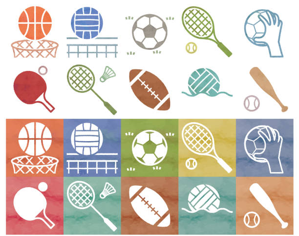 illustrations, cliparts, dessins animés et icônes de divers jeux d’icônes de jeu de balle couleurs manuscrites - tennis racket ball isolated