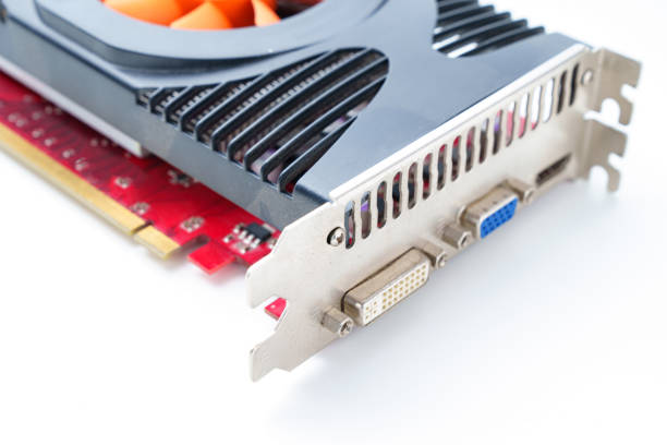 part of Video card on a white background. A display card, graphics card, or video adapter is an add-in card that generates a stream of output images to a display device, a computer monitor.