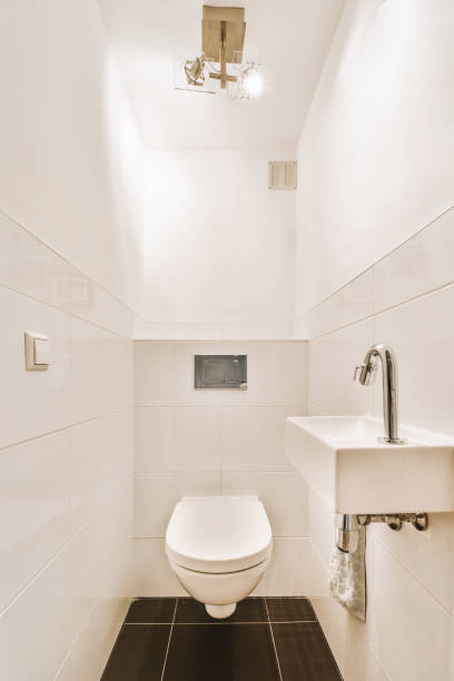 istock Bathroom with a black and white chess-style design 1441319038