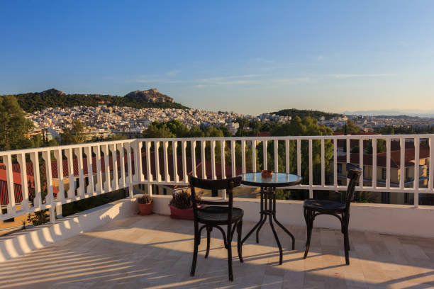istock Top view from the terrace on Athens, Greece. Balcony with table and chairs 1441320380