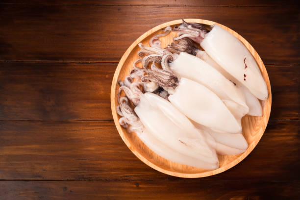Fresh Splendid Squid on wooden plate, Fresh Squid in wooden plate on wooden background,