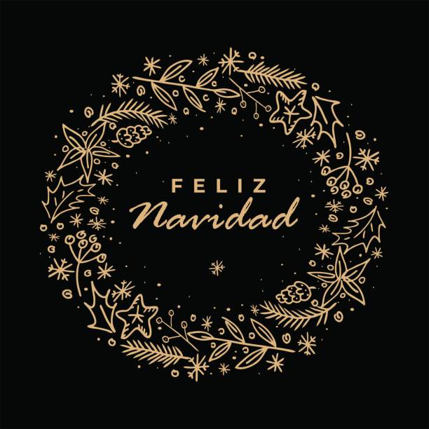 Feliz navidad. Christmas banner, vector illustration. Poster, card for social media, networks with copy space. Text in Spanish merry Christmas, wreath of stars, holly, fir branches on black background vector art illustration