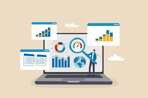 Vector illustration of Market research data analysis, analyze business data or financial report, SEO analytics or profit and earning concept, businessman analyst with magnifying glass analyze data on computer laptop.