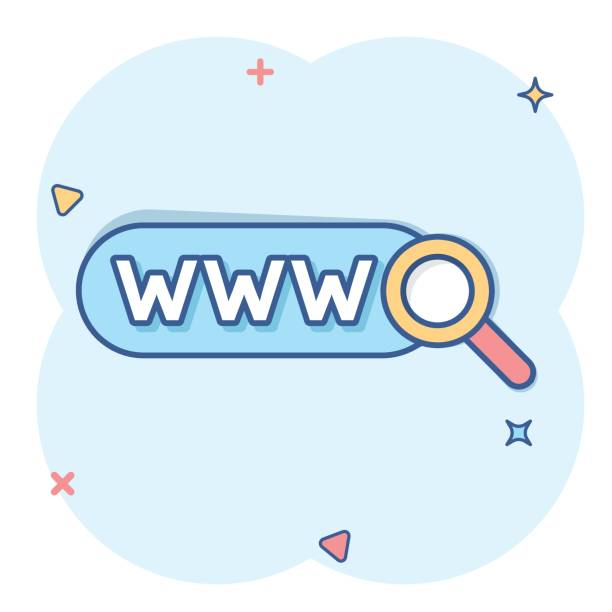 istock Global search icon in comic style. Website address cartoon vector illustration on white isolated background. WWW network splash effect business concept. 1441324206