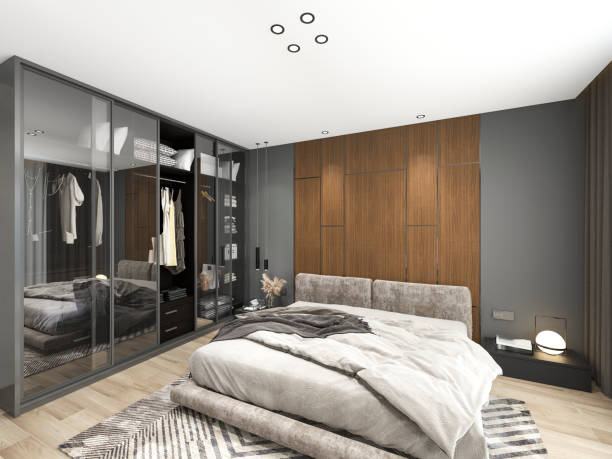 istock 3d illustration, warm and comfortable bedroom, warm big bed room, bedside table, dressing table, etc 1441324297
