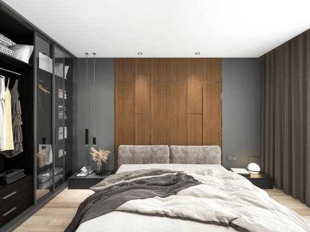 istock 3d illustration, warm and comfortable bedroom, warm big bed room, bedside table, dressing table, etc 1441324304