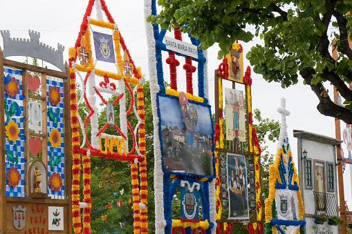 Festa das cruzes in Barcelos, arcos de romaria, decoration for traditional celebration event. Portugal.