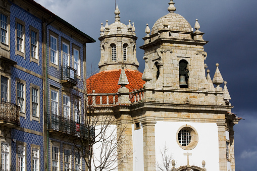 Bom Jesus da Cruz church in Barcelos, northern Portugal, XVIII century. Largo de Porta Nova. Row of traditional residential buildings.