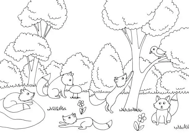 Vector illustration of Funny fox in forest graphic black white sketch landscape illustration vector