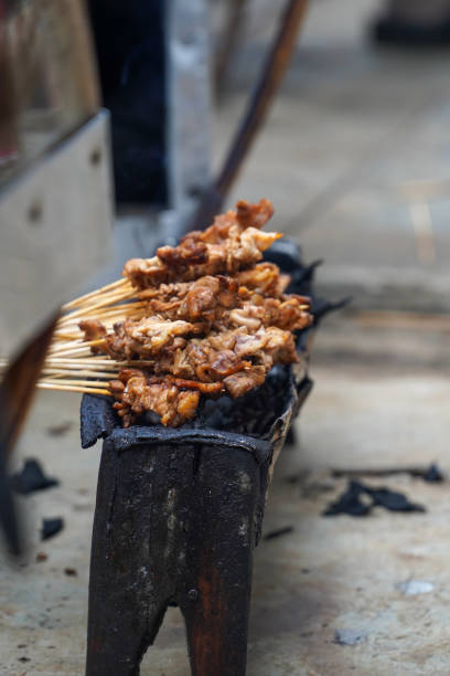 chicken satay on the grill. delicious indonesian cuisine - white meat flash imagens e fotografias de stock