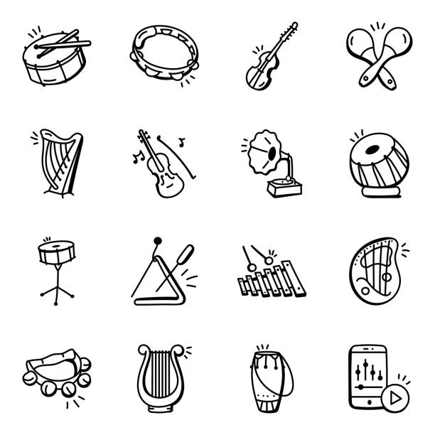 Set of Music Doodle Icons Grab this catchy set of musical doodle icons that help you create fun-filled web pages, mobile apps, and easy-to-use interfaces. rattle drum stock illustrations