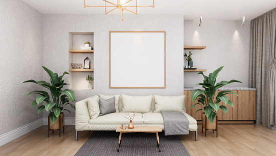 3D illustration, Design interior Scandinavian style living room with, modern furniture and mockup photo frame on wall with shelf over sofa, ceiling lamp and plants in pot on empty floor, 3d rendering.