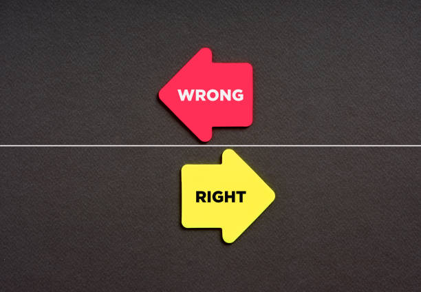 Choosing the wrong way or right way alternative options. Business strategy concept. The words wrong and right on arrows pointing opposite directions.