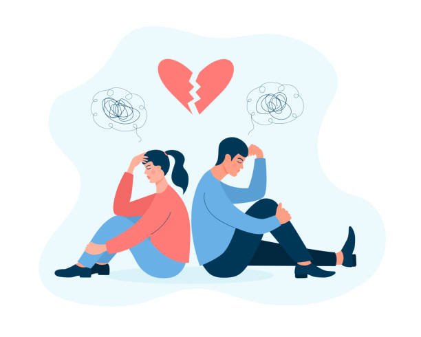ilustrações de stock, clip art, desenhos animados e ícones de couple in quarrel. unhappy man and woman sitting back to back and suffer. broken heart above them. problems in relationship, parting, divorce, conflicts, misunderstanding and crisis in family. - despair depression adult boyfriend
