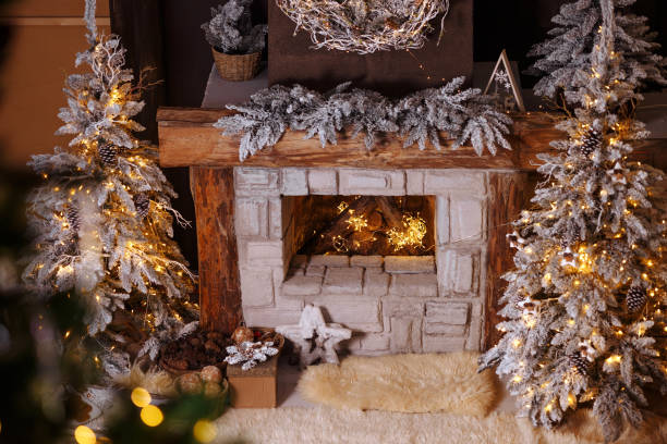 istock close-up decorated christmas fireplace with lights at night 1441330119