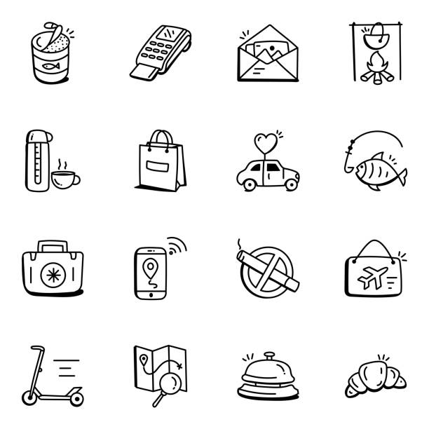 Set of Travel and Holiday Doodle Icons With this beautiful set of 150 travel doodle icons, you can easily engage your target audience in a fun and compelling way. tea cup ride stock illustrations