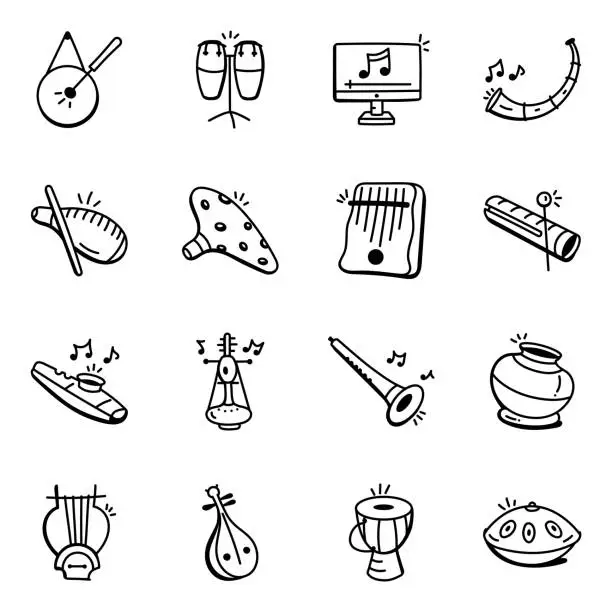 Vector illustration of Musical Wooden Instruments Doodle Icons