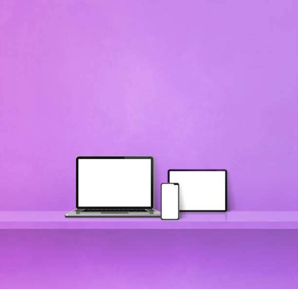 istock Laptop, mobile phone and digital tablet pc on purple wall shelf. Square background 1441331025