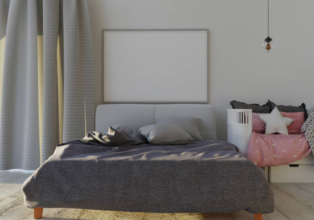 Inside the bedroom of a gamer. Computer is on the desk next to a monitor with green screen. Part of a series images created in 3D, showing domestic rooms at different times of day.