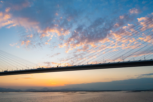 Aerial photography of the bridge across the sea at sunset