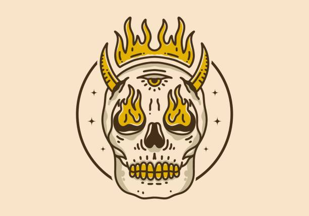 vintage-kunstillustration eines schädels mit feuerflamme - inferno fire flame skull stock-grafiken, -clipart, -cartoons und -symbole