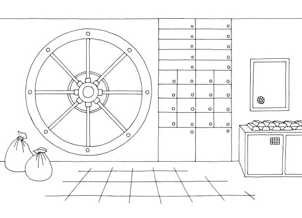 Vector illustration of Bank vault safe storage interior graphic black white sketch illustration vector