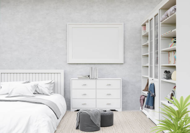 3D interoir design for bedroom and mockup frame stock photo