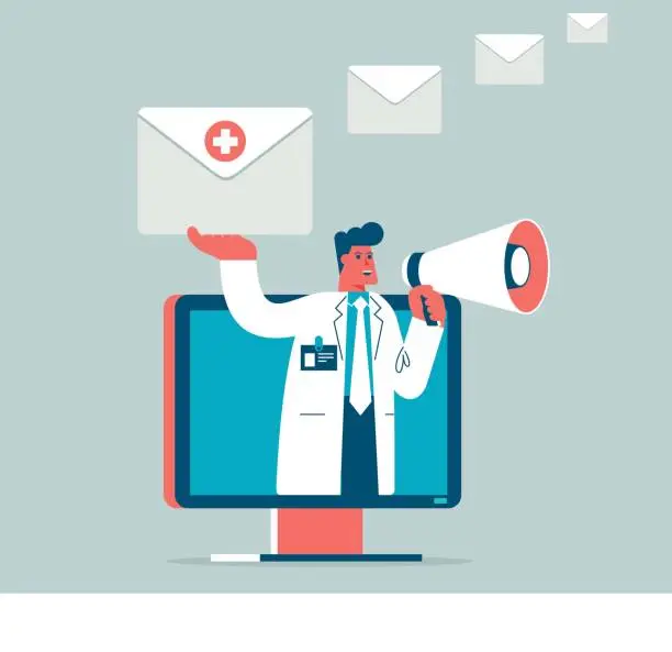 Vector illustration of email and doctor - desktop PC