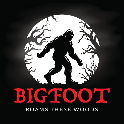 Bigfoot roams these woods graphic. Sasquatch full moon silhouette. Hairy wild man creature in the forest. Mythical cryptid skunk-ape poster. Vector illustration.