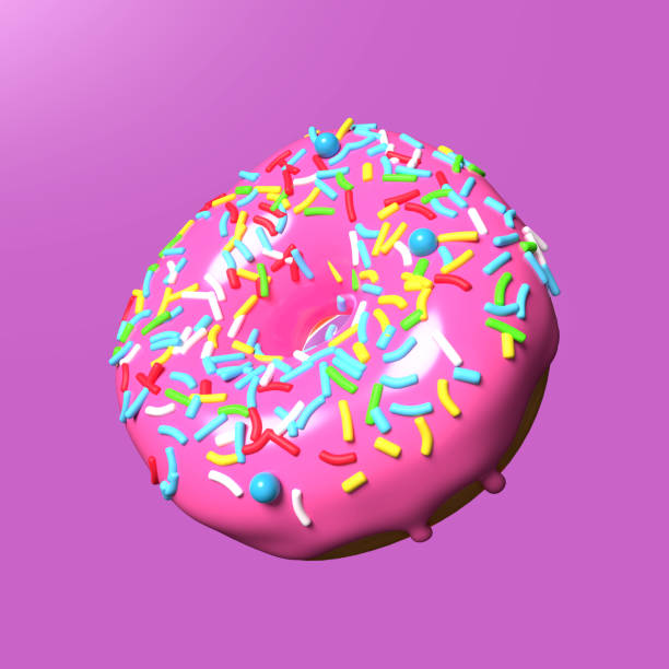 istock Donut render with pink icing and sprinkles on purple background with glitters. 1441336421