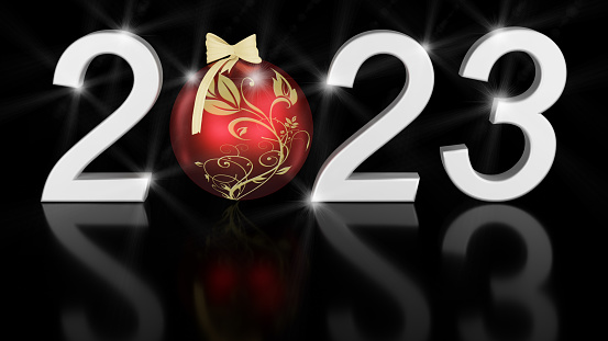 3D illustration. New Year 2023. New Year 2023 in numbers and with Christmas decoration.