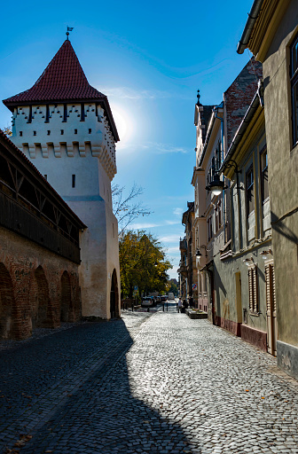 Tower at Fortress Street (Strada Cetatii) in Sibiu. Transylvania, Romania, Europe.