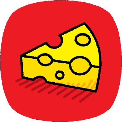 Vector illustration of a hand drawn wedge of swiss cheese against a red background.